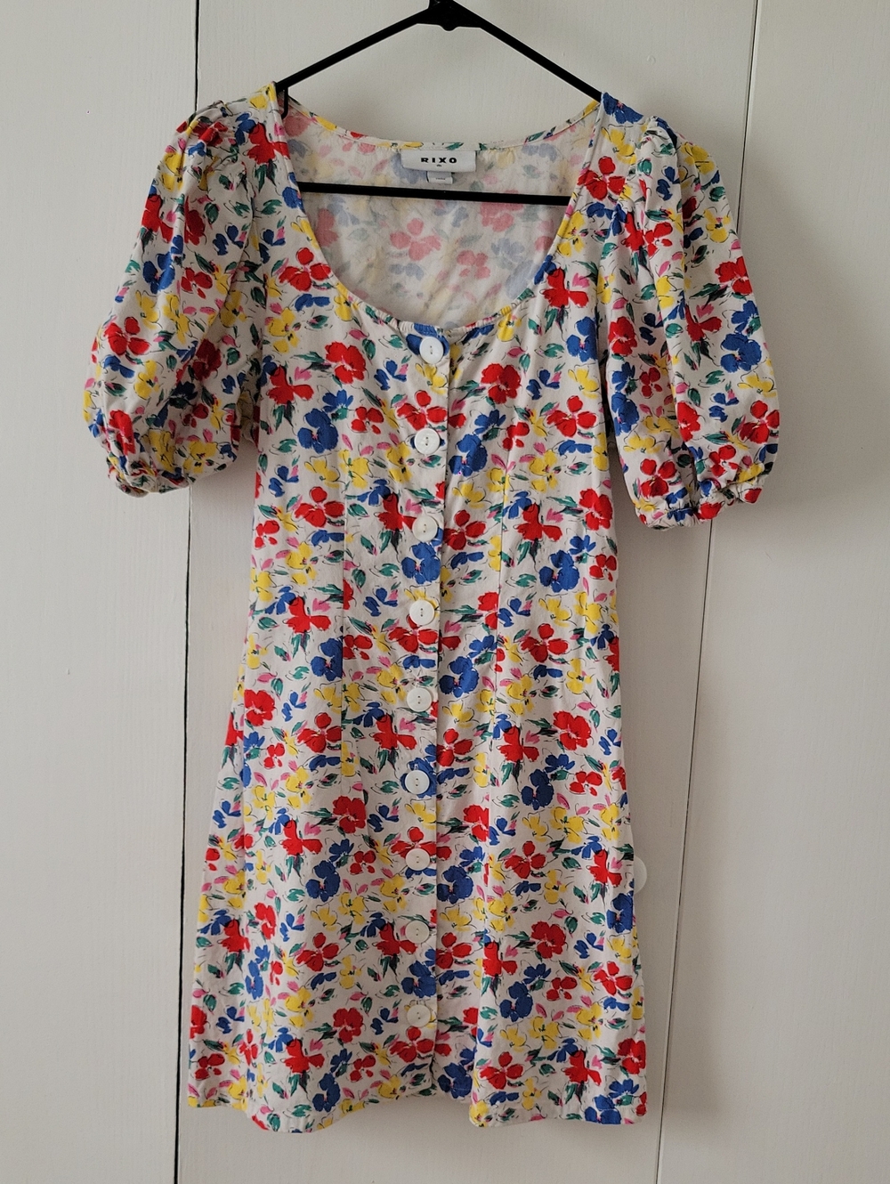RIXO White Floral Button-Front Puff Sleeve Dress